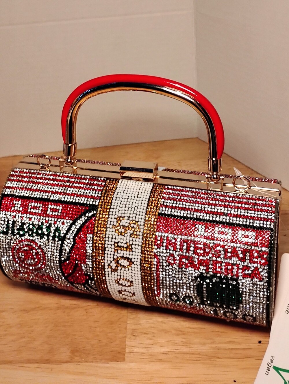 Red Rhinestone 100 Bill Clutch Bag with Optional Strap, Cylinder Shape